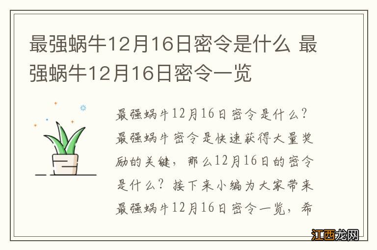 最强蜗牛12月16日密令是什么 最强蜗牛12月16日密令一览