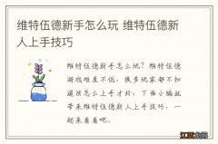 维特伍德新手怎么玩 维特伍德新人上手技巧