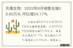 天康生物：2022年8月销售生猪20.60万头 环比增24.17%