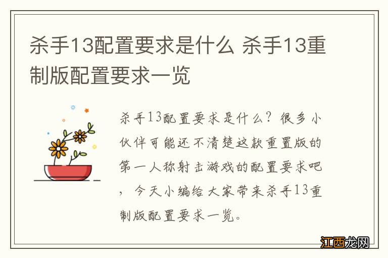 杀手13配置要求是什么 杀手13重制版配置要求一览