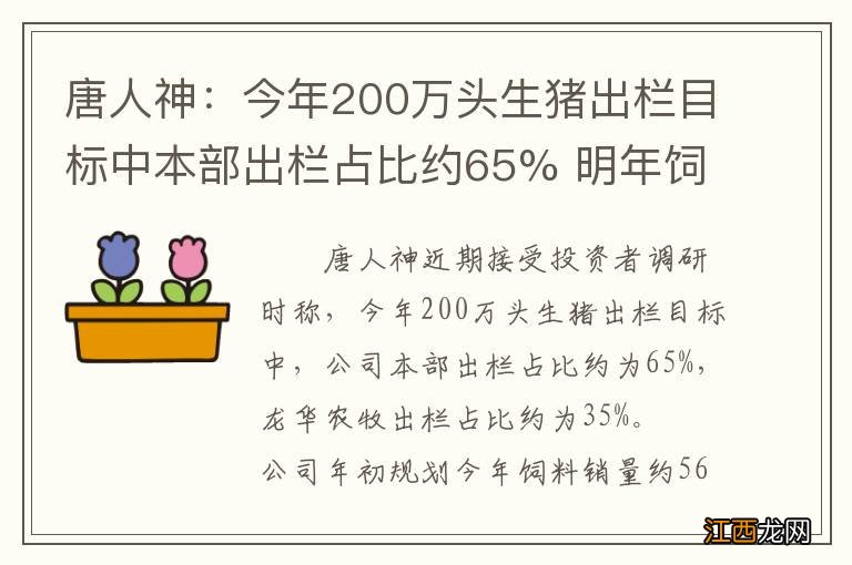 唐人神：今年200万头生猪出栏目标中本部出栏占比约65% 明年饲料销