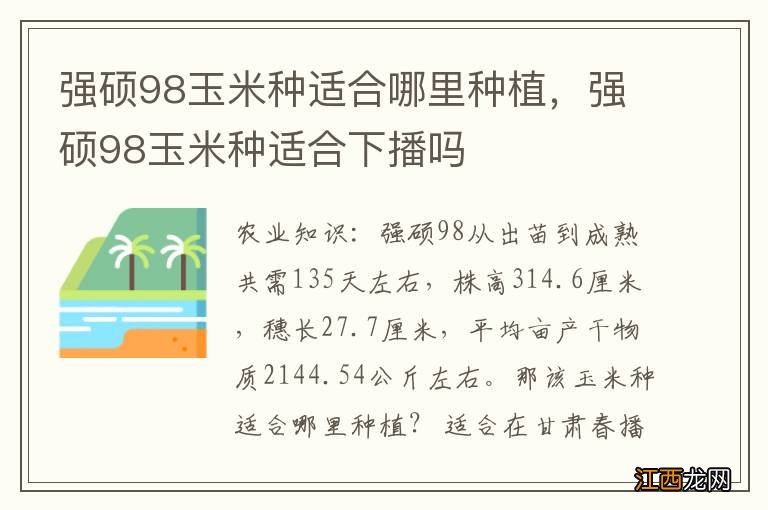 强硕98玉米种适合哪里种植，强硕98玉米种适合下播吗