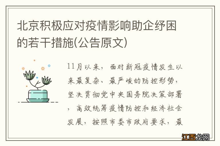 公告原文 北京积极应对疫情影响助企纾困的若干措施