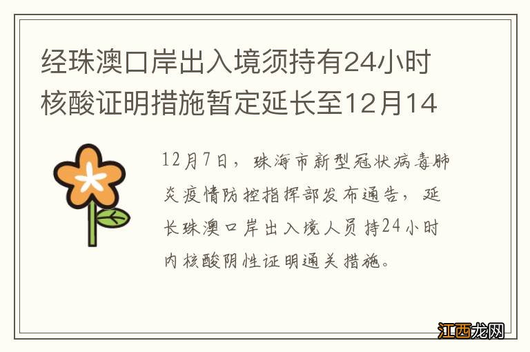 经珠澳口岸出入境须持有24小时核酸证明措施暂定延长至12月14日24时