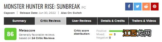 《怪物猎人崛起：曙光》M站评分解禁 媒体均分86分