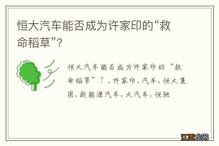 恒大汽车能否成为许家印的“救命稻草”？