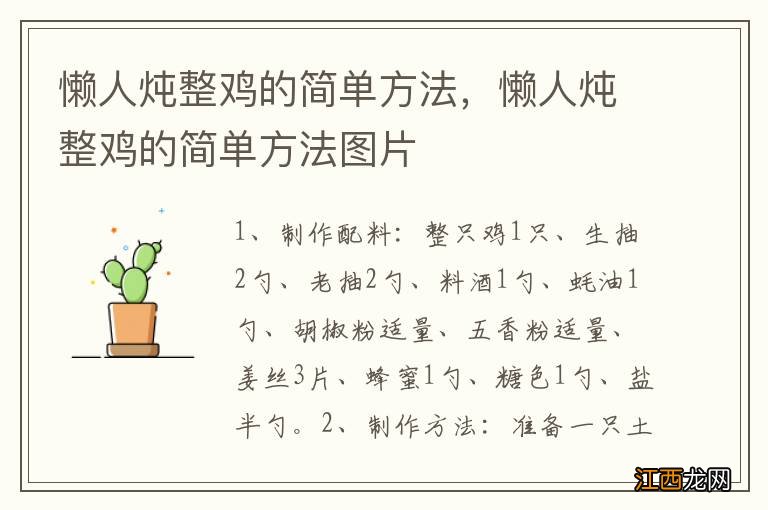 懒人炖整鸡的简单方法，懒人炖整鸡的简单方法图片