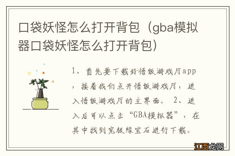 gba模拟器口袋妖怪怎么打开背包 口袋妖怪怎么打开背包