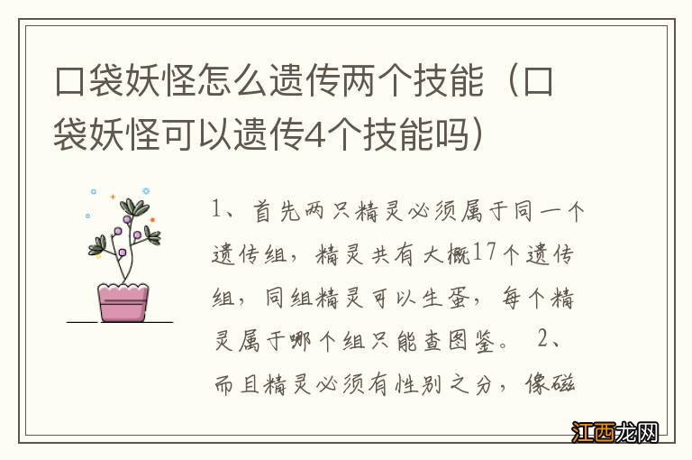 口袋妖怪可以遗传4个技能吗 口袋妖怪怎么遗传两个技能