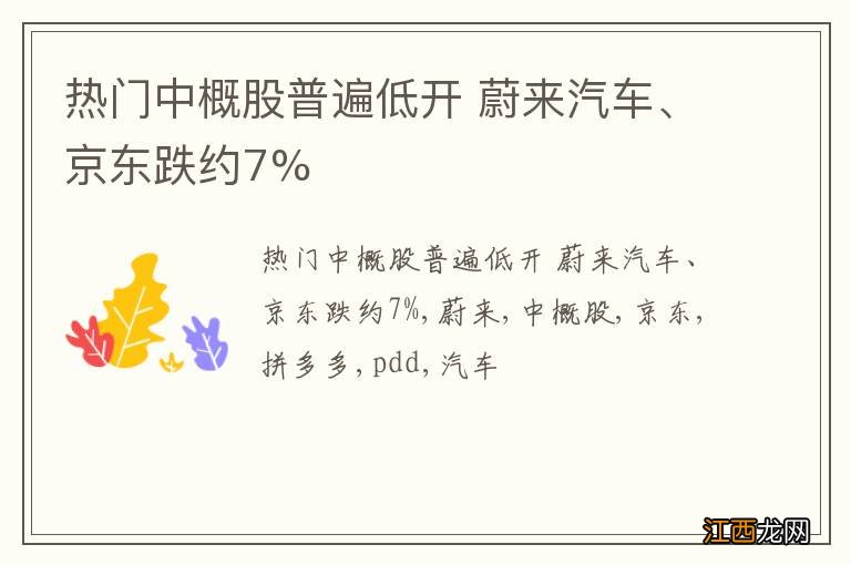 热门中概股普遍低开 蔚来汽车、京东跌约7%