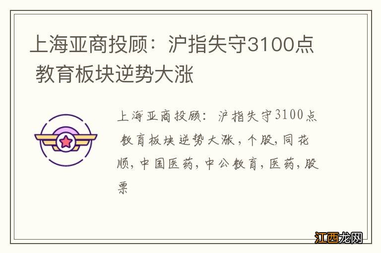 上海亚商投顾：沪指失守3100点 教育板块逆势大涨