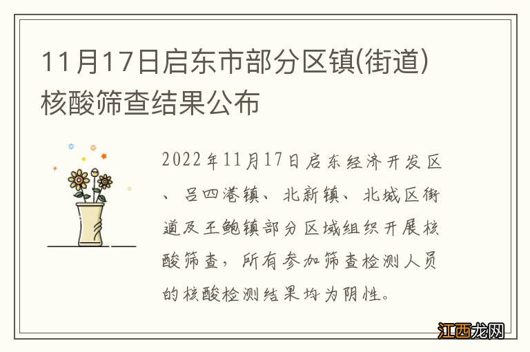 街道 11月17日启东市部分区镇核酸筛查结果公布