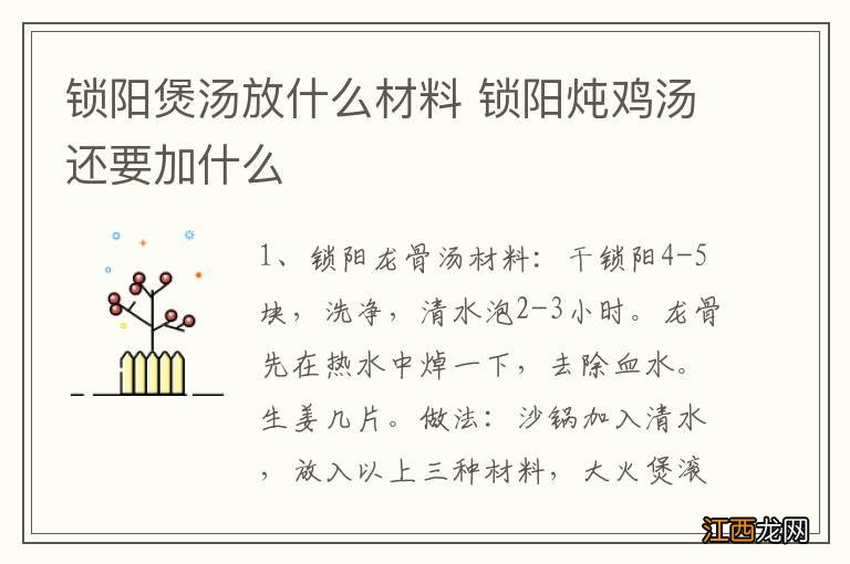 锁阳煲汤放什么材料 锁阳炖鸡汤还要加什么