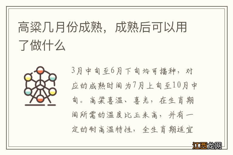 高粱几月份成熟，成熟后可以用了做什么