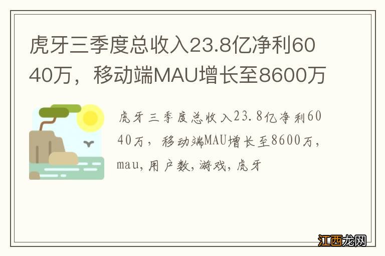 虎牙三季度总收入23.8亿净利6040万，移动端MAU增长至8600万